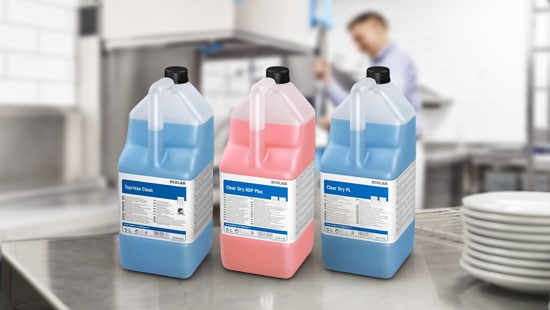 Three 5 litre Ecolab machine liquid rinse aids, from left to right; Toprinse Clean, Clear Dry HDP Plus and Clear Dry PL