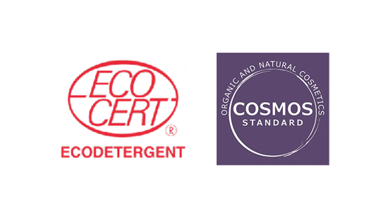 Ecocert EcoDetergent logo and Cosmos Standard: Organic and Natural cosmetics logo